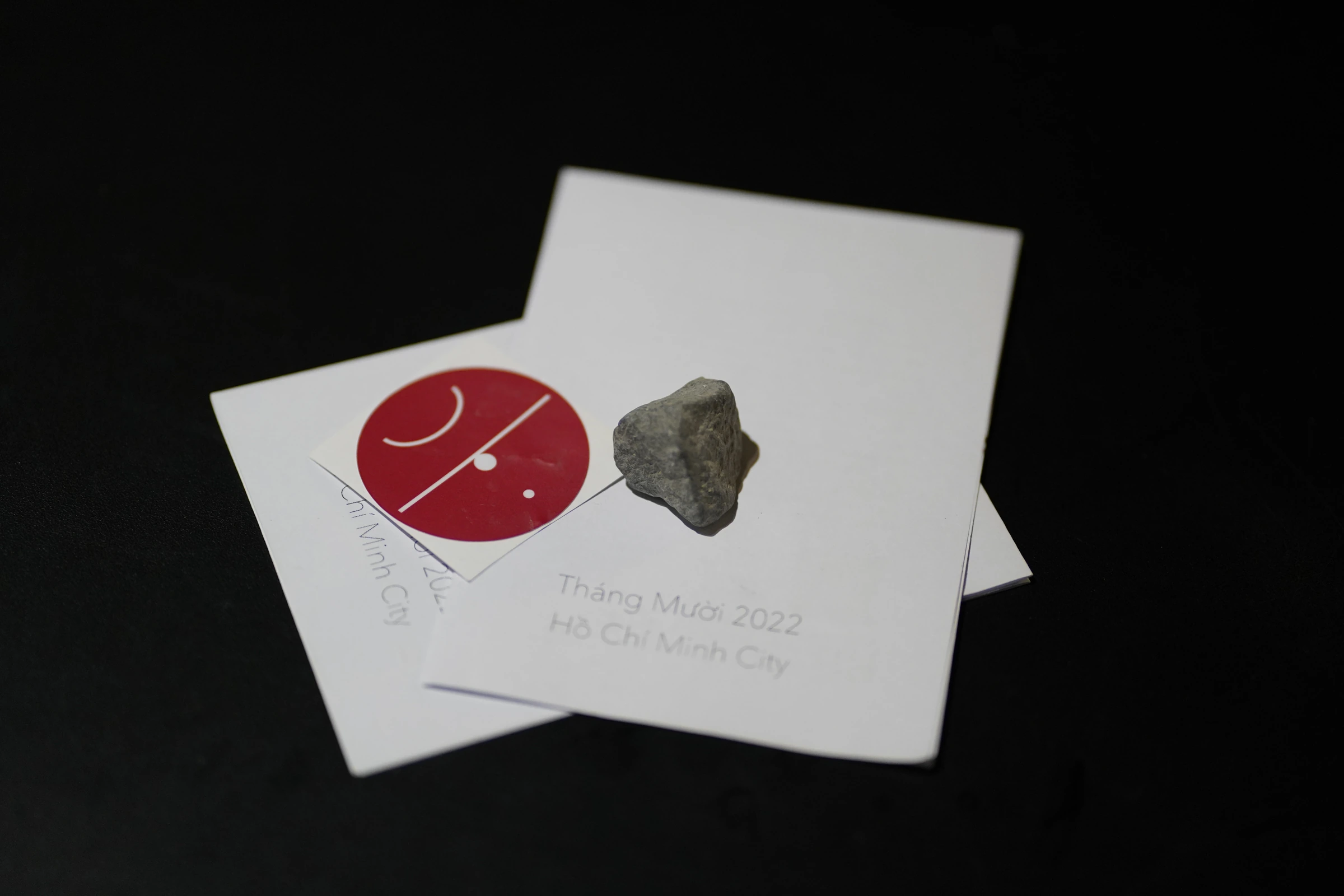 A Reinterpreting Narrowness publication with the red Officine Gặp symbol and a small stone.
