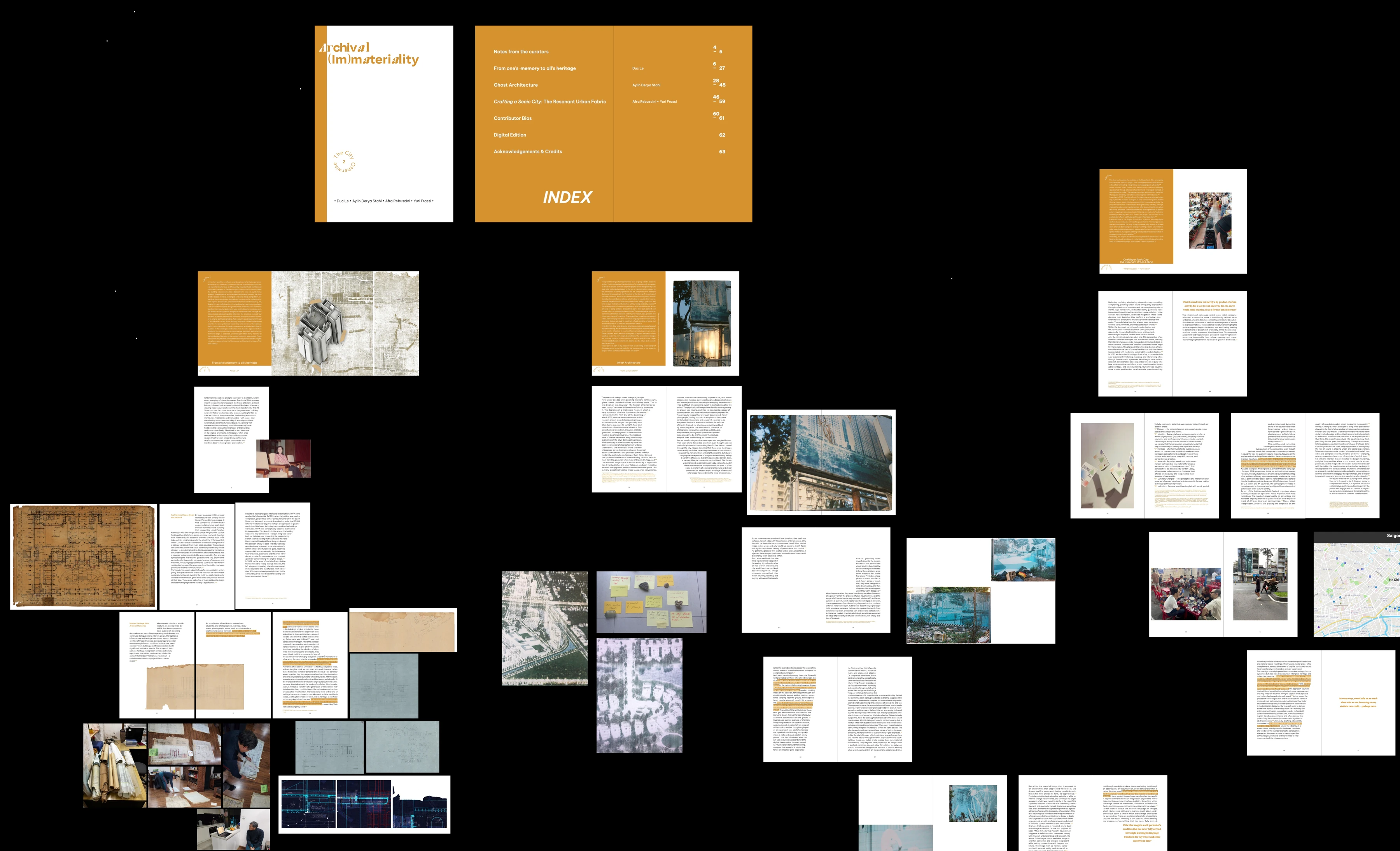 A digital reading board for Archival (Im)materiality, arranging publication pages, photographs, maps and notes on a black background.